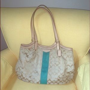 COACH Signature DEVIN Striped Teal Beige Purse.